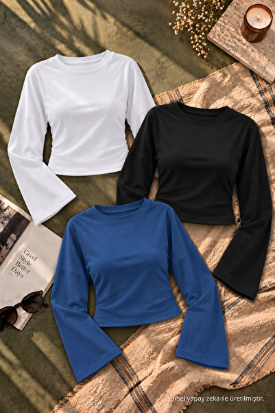 COMBİNE MİCHAİL Women's Basic Wide Sleeve Crop Blouse 3-Piece