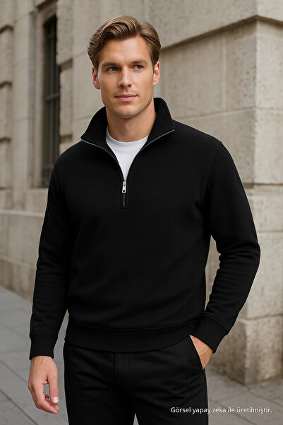 COMBİNE MİCHAİL Men's Basic Black Half-Zip Sweatshirt