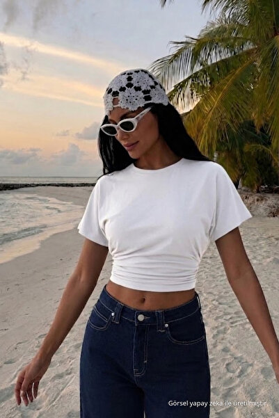 COMBİNE MİCHAİL Women's Bat Sleeve Tight White Crop T-Shirt