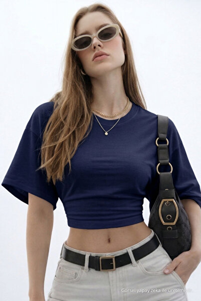 COMBİNE MİCHAİL Kadın Basic Bel Detaylı Lacivert Crop Bluz