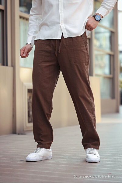 COMBİNE MİCHAİL Men's Linen Loose-Fit Trousers Brown