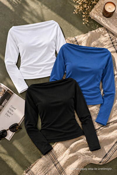 COMBİNE MİCHAİL Women's Boat Neck Basic Slim Blouse 3-Piece Set