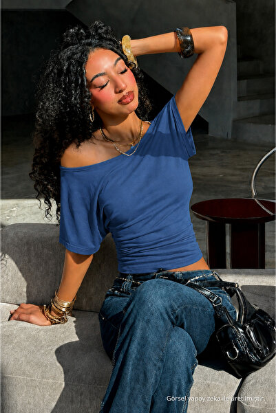 COMBİNE MİCHAİL Women's Off-Shoulder Blue Crop T-Shirt