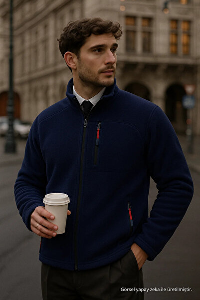 COMBİNE MİCHAİL Men's Mock Neck Zippered Navy Blue Loose Fleece