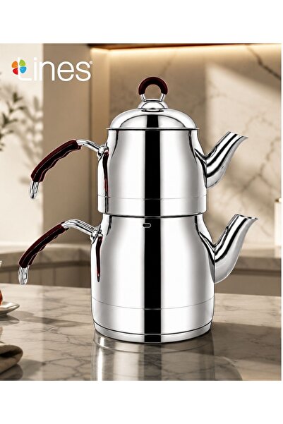 Lines Ayperi Paslanmaz Çelik Çaydanlık Seti Silikon Kulp 1.5 Litre Demlik 3 L...