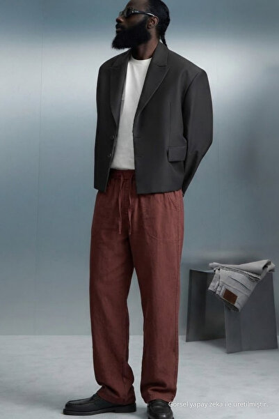 COMBİNE MİCHAİL Men's Elastic Waist Tile Linen Trousers