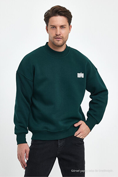 COMBİNE MİCHAİL Erkek Boğazlı Nakışlı Oversize Sweatshirt  KOYU YEŞİL