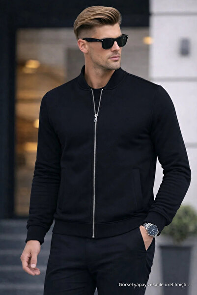 COMBİNE MİCHAİL Men's Full Zip Casual Black Sweatshirt