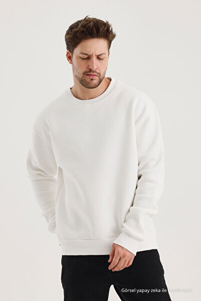 COMBİNE MİCHAİL Ecru Crew Neck Oversize Ribbed Basic Men's Sweatshirt