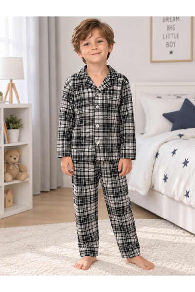 Pajama Shop Boy's Cotton Milan Fabric Gray Color Plaid Pattern Shirt Collar B...
