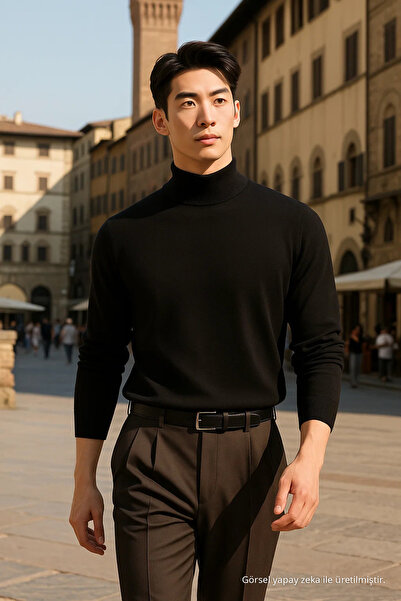 COMBİNE MİCHAİL Men's Casual Stylish Relaxed Loose Black Knit Sweater