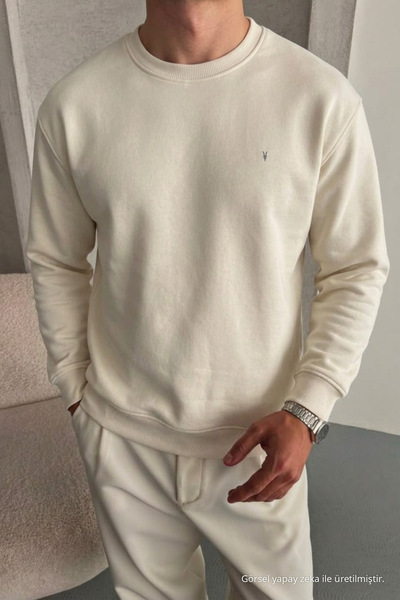 COMBİNE MİCHAİL Men's Loose Textured Flare Ecru Sweatshirt