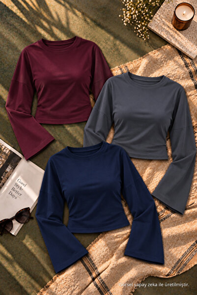 COMBİNE MİCHAİL Women's Basic Wide Sleeve Crop Blouse 3-Piece