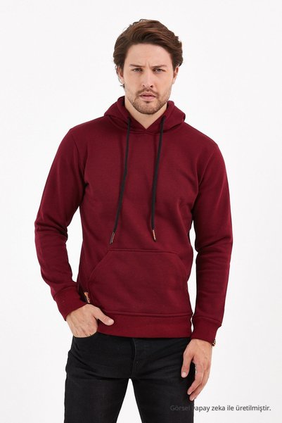 COMBİNE MİCHAİL Burgundy Color Kangaroo Pocket Hooded Sweatshirt 1205