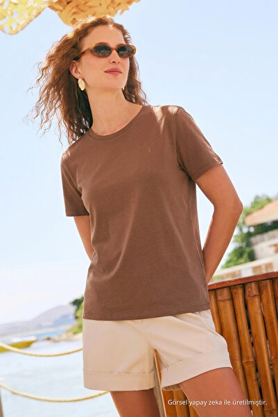 COMBİNE MİCHAİL Women's Short Sleeve Cotton Coffee T-Shirt