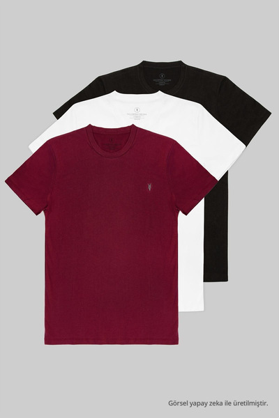 COMBİNE MİCHAİL Black White Claret Red 3-Piece Basic Crew Neck T-Shirt