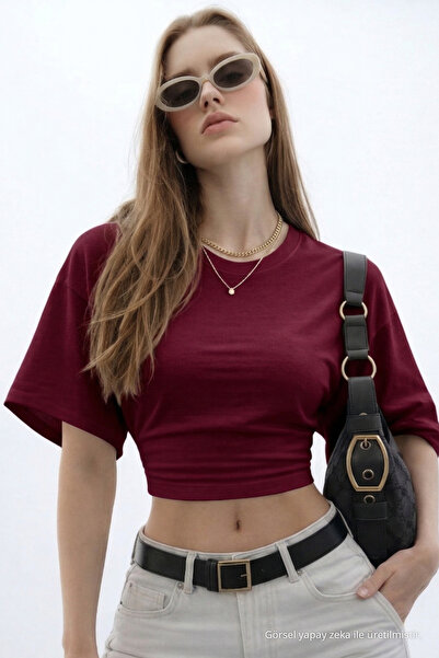 COMBİNE MİCHAİL Kadın Basic Bel Detaylı Bordo Crop Bluz