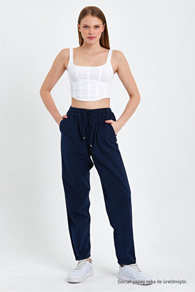 COMBİNE MİCHAİL Navy Blue High Waist Elastic Waist Linen Trousers