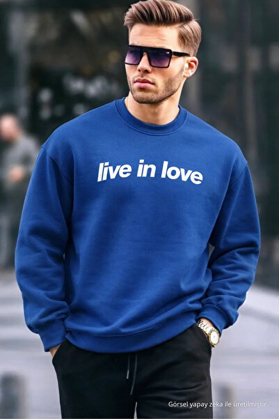 COMBİNE MİCHAİL Written Design Cotton Casual Men's Cobalt Blue Sweatshirt