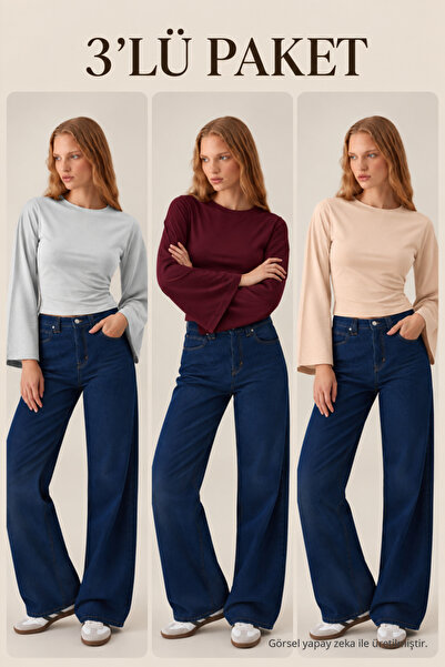 COMBİNE MİCHAİL Kadın Uzun Yarasa Kollu 3 Lü Crop Bluz