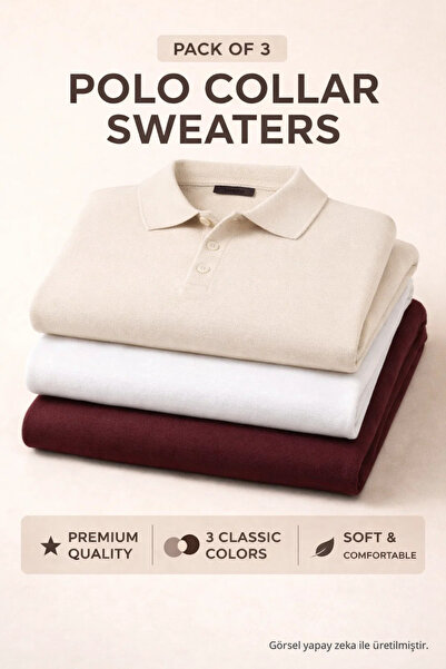 COMBİNE MİCHAİL Men's Winter Polo Collar 3-Piece Knit Sweater