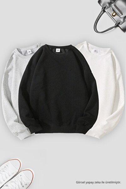 COMBİNE MİCHAİL Unisex 3'Lü Beyaz Grimelanj Siyah Bisiklet Yaka Oversize Swea...
