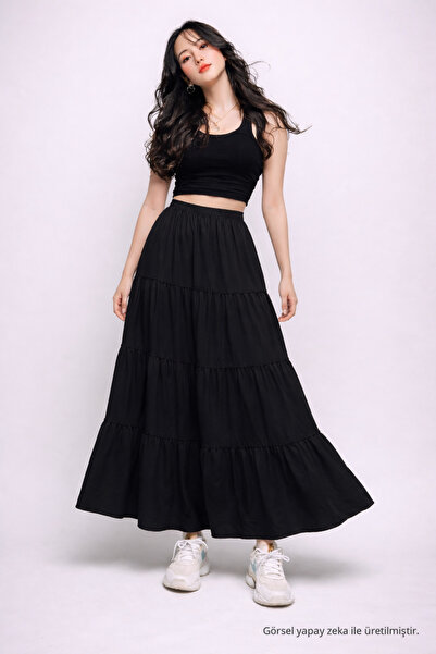 COMBİNE MİCHAİL Women's High Waist Summer Layered Black Long Skirt