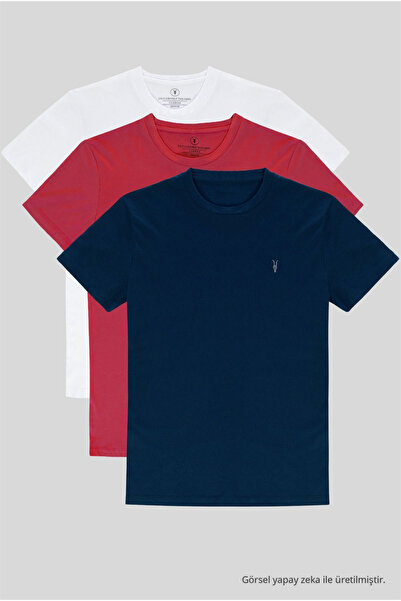 COMBİNE MİCHAİL Men's Red-Navy-khaki Slim Fit Crew Neck Pack of 3 100% Cotton...
