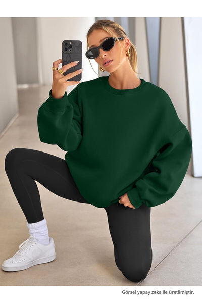 COMBİNE MİCHAİL Kadın Bisiklet Yaka Basic Oversize Sweatshirt KOYU YEŞİL
