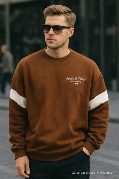 COMBİNE MİCHAİL Men's Winter Printed Oversized Brown Sweatshirt