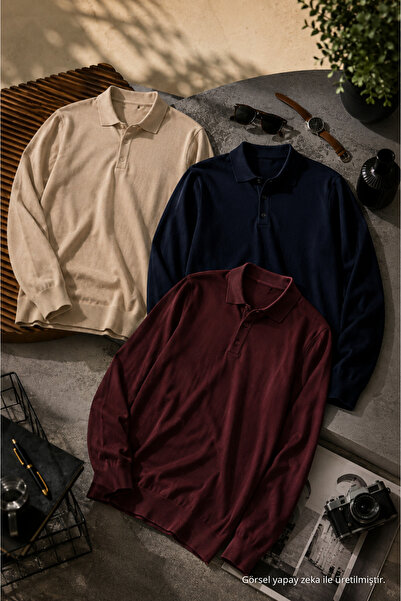 COMBİNE MİCHAİL Men's Soft Polo Collar 3-Piece Knit Sweater