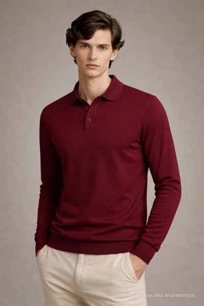 COMBİNE MİCHAİL Men's Casual Burgundy Polo Neck Knit Sweater