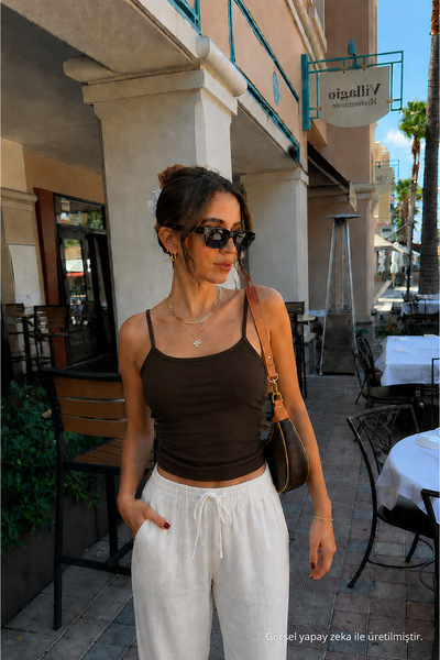 COMBİNE MİCHAİL Kadın Basic İnce Askılı Dar Kahve Crop Bluz