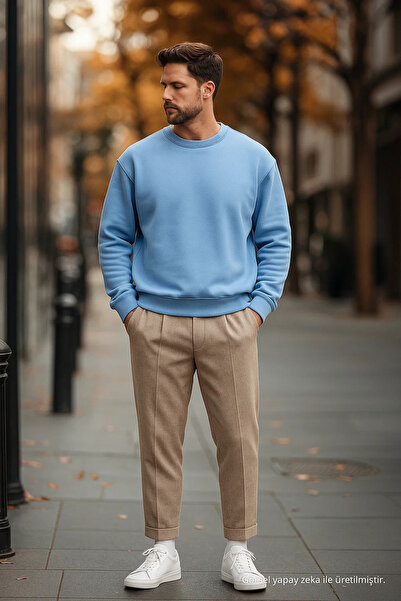 COMBİNE MİCHAİL Men's Casual Basic Baby Blue Loose Sweater