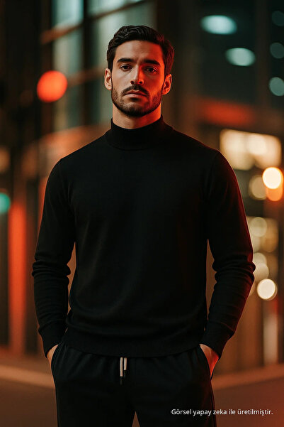 COMBİNE MİCHAİL Men's Half Turtleneck Black Knitwear Sweater