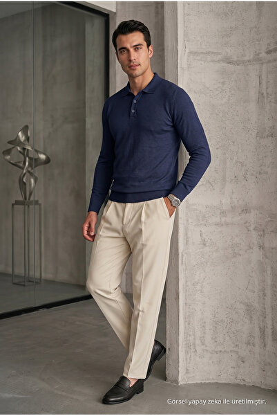 COMBİNE MİCHAİL Men's Casual Loose Raglan Navy Blue Sweater