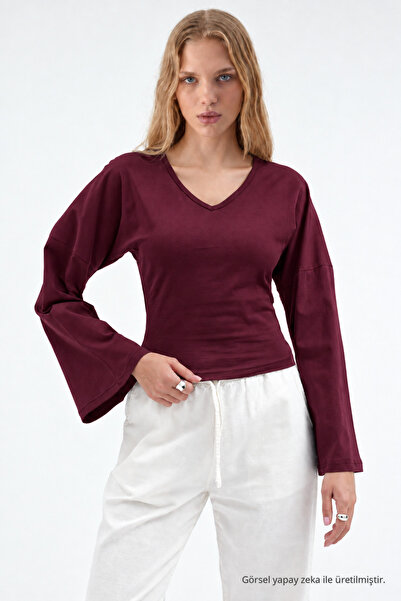 COMBİNE MİCHAİL Women's Raglan Sleeve Textured Crop Burgundy Blouse