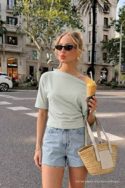 COMBİNE MİCHAİL Women's Off-Shoulder Basic Gray T-Shirt
