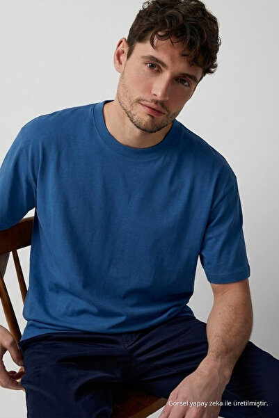COMBİNE MİCHAİL Men's Crew Neck Blue Oversized T-Shirt