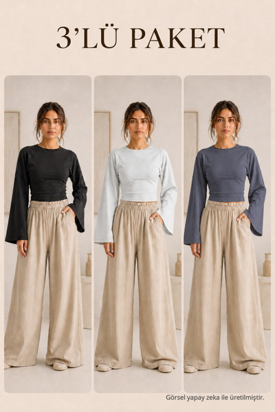 COMBİNE MİCHAİL Kadın Basic Geniş Kol 3 Lü Crop Bluz