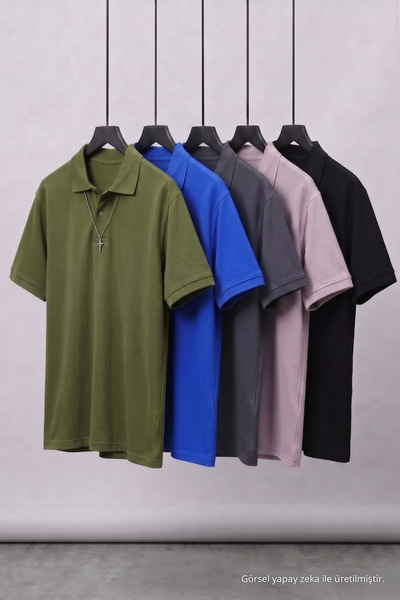 COMBİNE MİCHAİL Men's Short Sleeve Basic 5 Pack Polo Neck T-Shirt