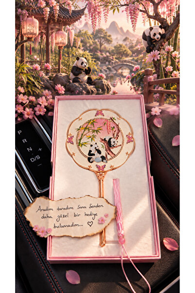 Home Panda Desenli Beyaz Mineli El Aynası Kelebek Detaylı Vintage Hediyelik Ayna