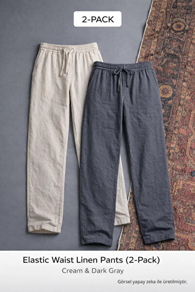 COMBİNE MİCHAİL Men's Elastic Waist Relaxed 2-Pack Linen Pants