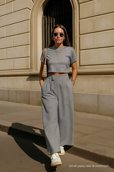 COMBİNE MİCHAİL Γυναικείο παντελόνι με τσέπες Basic Grey Loose Leg