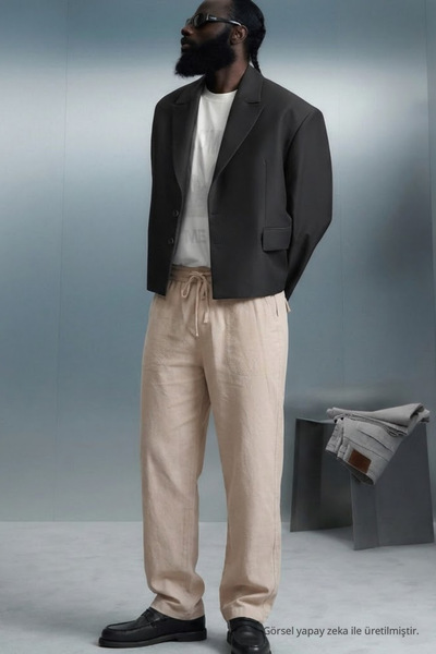COMBİNE MİCHAİL Men's Beige Linen Trousers with Elastic Waist