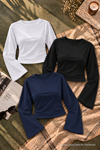 COMBİNE MİCHAİL Women's Basic Wide Sleeve Crop Blouse 3-Piece