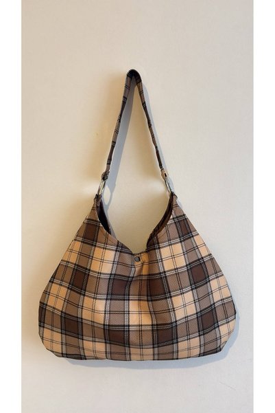 MUTE BAG Brown Ekose Desen / Kahverengi Ekose Desen Omuz Çantası (28*49)