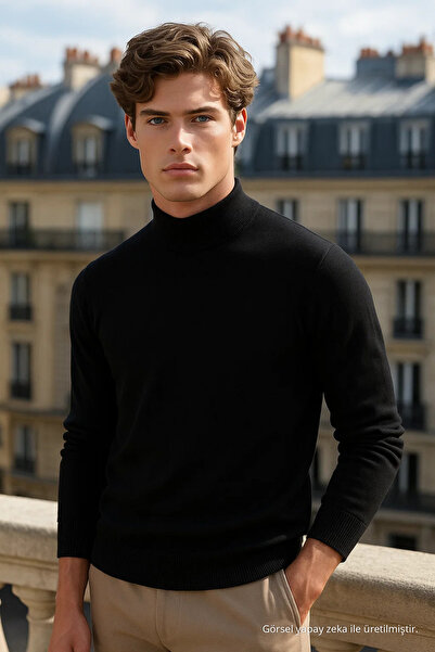 COMBİNE MİCHAİL Men's Casual Daily Trend Basic Black Sweater