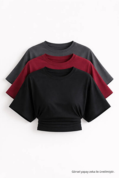 COMBİNE MİCHAİL Kadın Yarasa Kollu Basic Dar 3 Lü Crop Bluz