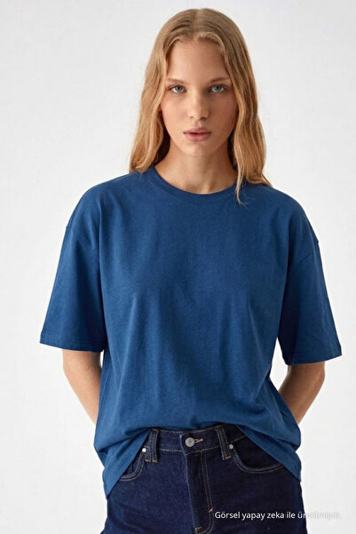 COMBİNE MİCHAİL Women's Crew Neck Blue Oversized T-Shirt
